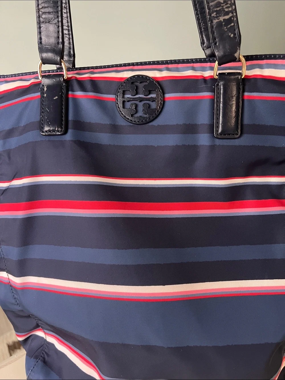 Tory Burch Nylon Stripe Zipper Tote Navy with red & navy comes with a scarf